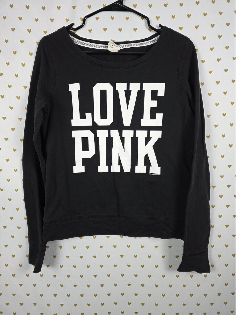 Victorias Secret Pink LOVE Vintage Black Slouchy Off Shoulder sweater shirt SM